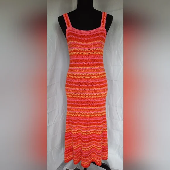 NWT Jessica Simpson Crochet Maxi Dress Size Med Orange Pink Open Knit Boho - Picture 2 of 15
